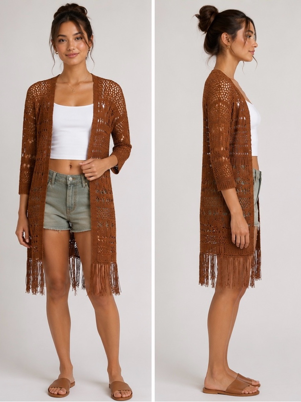 SIMPLY BE. ANTHOLOGY TASSEL LONG CARDIGAN - BROWN SIZE 8/10 (NEW WITH TAGS) A17